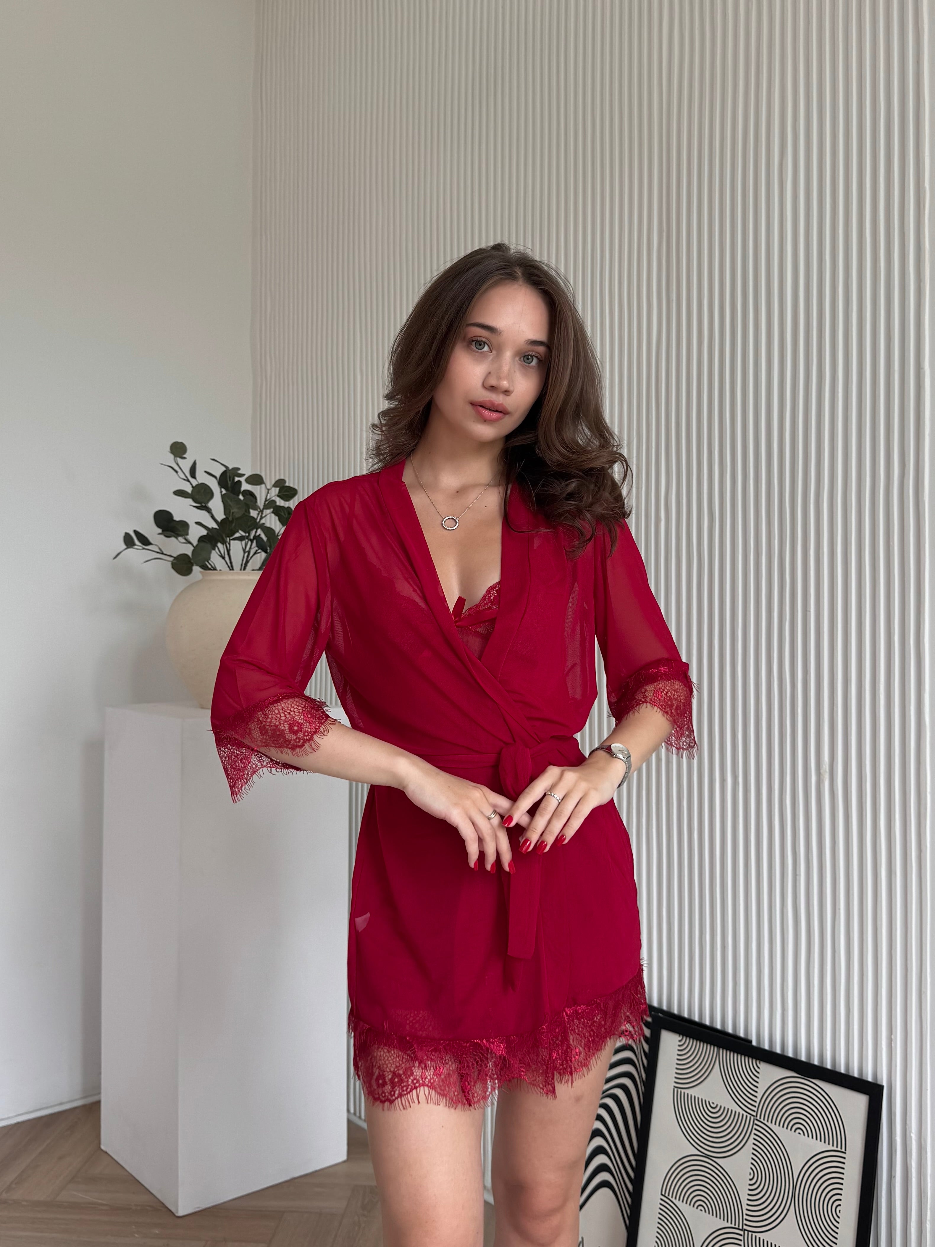 Czerwony komplet – koszula nocna + peniuar